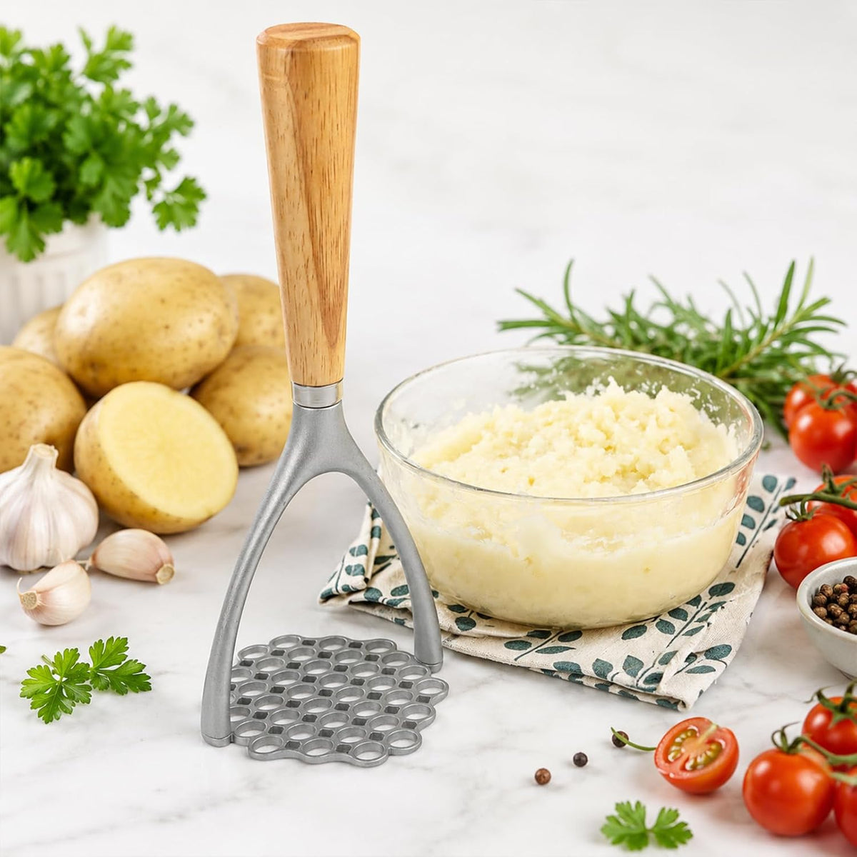 Potato Masher, Aluminum Alloy Food Smasher with Wooden Handle,Potato Press