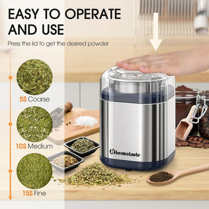 Hermolante Herb Grinder Spice Grinder, 200 w Herb Grinder with Stainless Steel Blade and Cleaning Brush, Compact Size Electric Grinder for Herbs and Spices -5.11in (Black)
