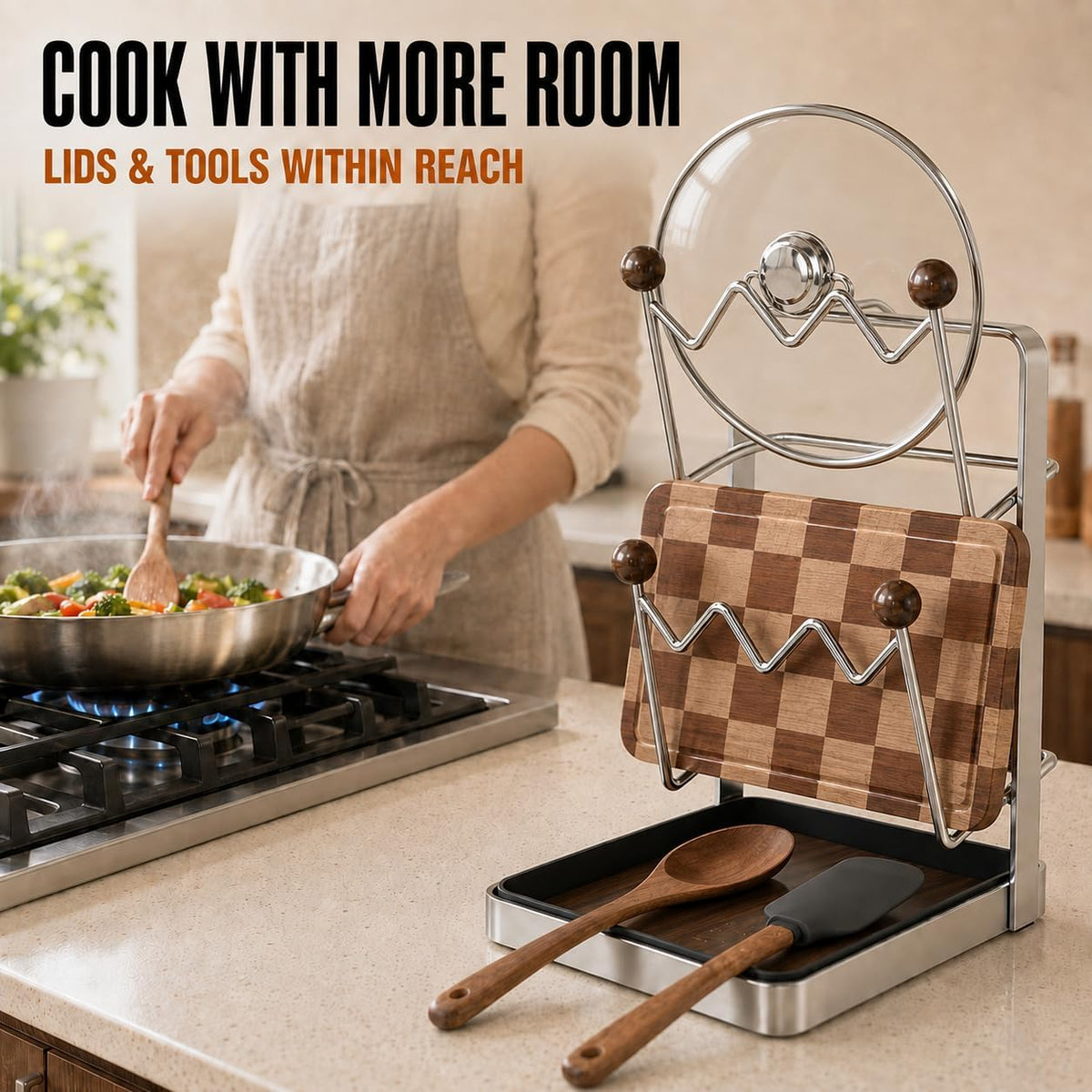 2-Tier Pot Lid Organizer and Cutting Board Holder for Kitchen Counter