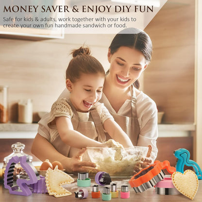 20Pcs Sandwich Cutter and Sealer Set for Kids, Decruster Maker Holiday Heart Cookie Cutters Fruit Vegetable Shapes Boys & Girls Bento Lunch Box with Mickey Mouse Dinosaur Star, etc
