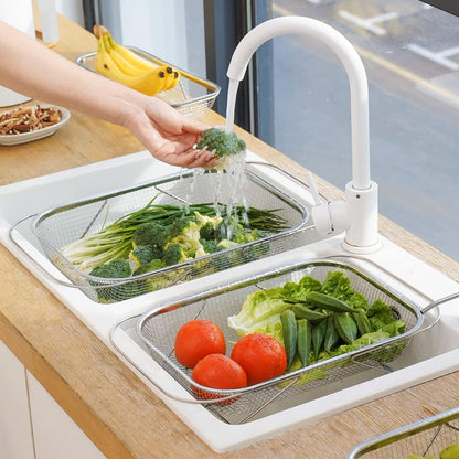upgrade over the sink mesh colander expandable strainer stainless steel vegetable basket for kitchen sink (40 * 13 * 6.5cm)
