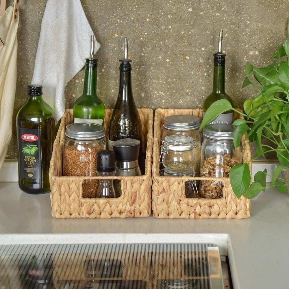 Set of 2 Handwoven Water Hyacinth Storage Baskets, Open Front Wicker Organizer Bins with Handles for Kitchen Pantry Closet Shelf, Natural Rattan Baskets for Home Organization