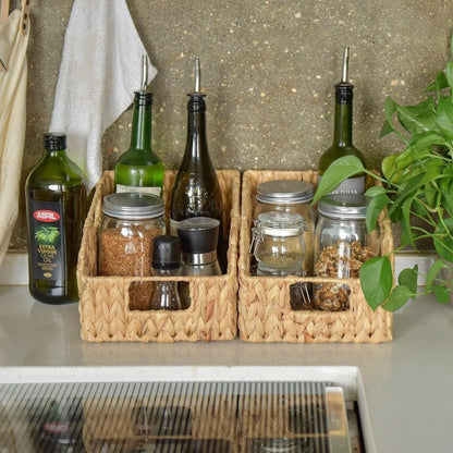 Set of 2 Handwoven Water Hyacinth Storage Baskets, Open Front Wicker Organizer Bins with Handles for Kitchen Pantry Closet Shelf, Natural Rattan Baskets for Home Organization