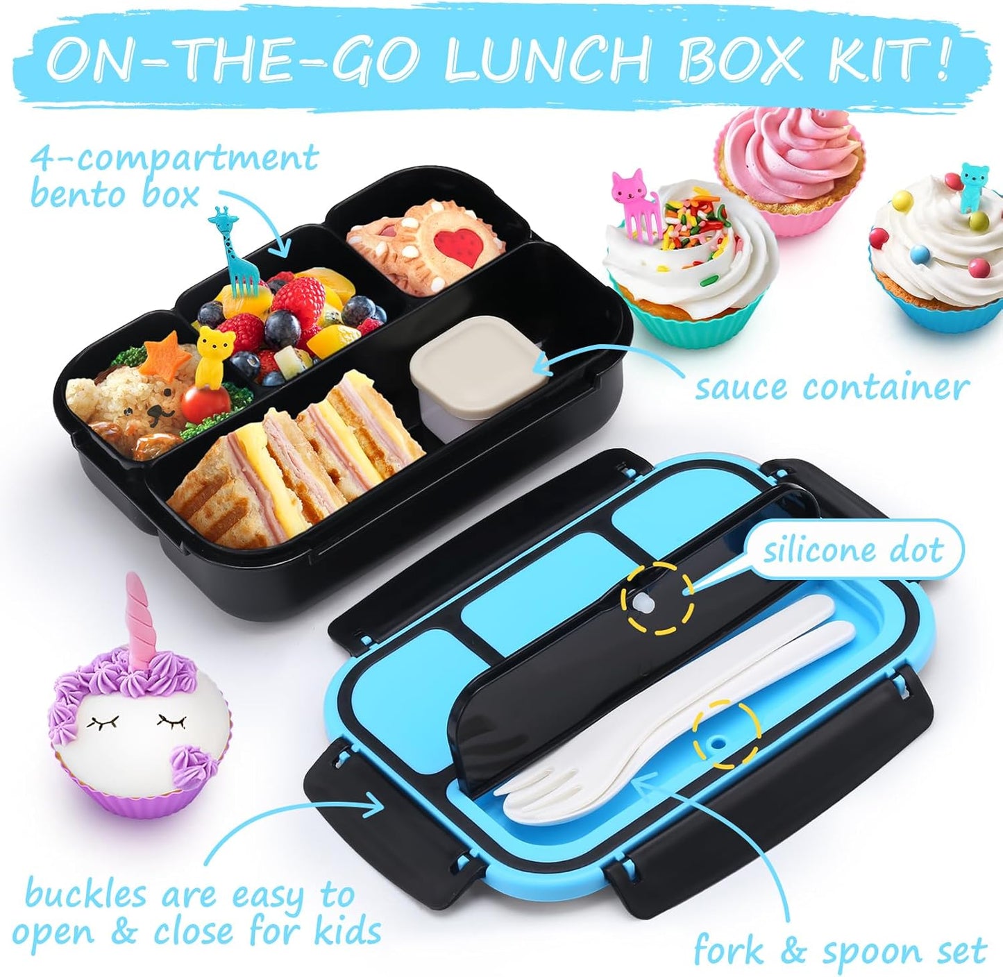 QQKO Bento Lunch Box for Kids Girls Boys, Toddler Kids Lunch Boxes for School, Lunch Containers for Adults with 4 Compartments, Sauce Container, Utensils, Food Picks and Muffin Cups, Purple