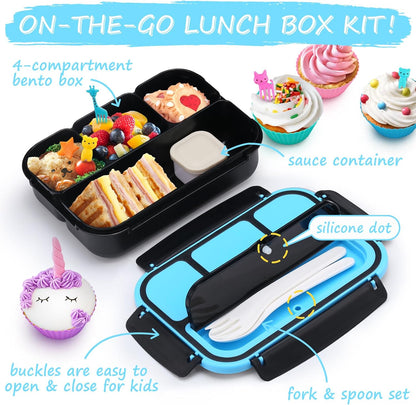 QQKO Bento Lunch Box for Kids Girls Boys, Toddler Kids Lunch Boxes for School, Lunch Containers for Adults with 4 Compartments, Sauce Container, Utensils, Food Picks and Muffin Cups, Purple