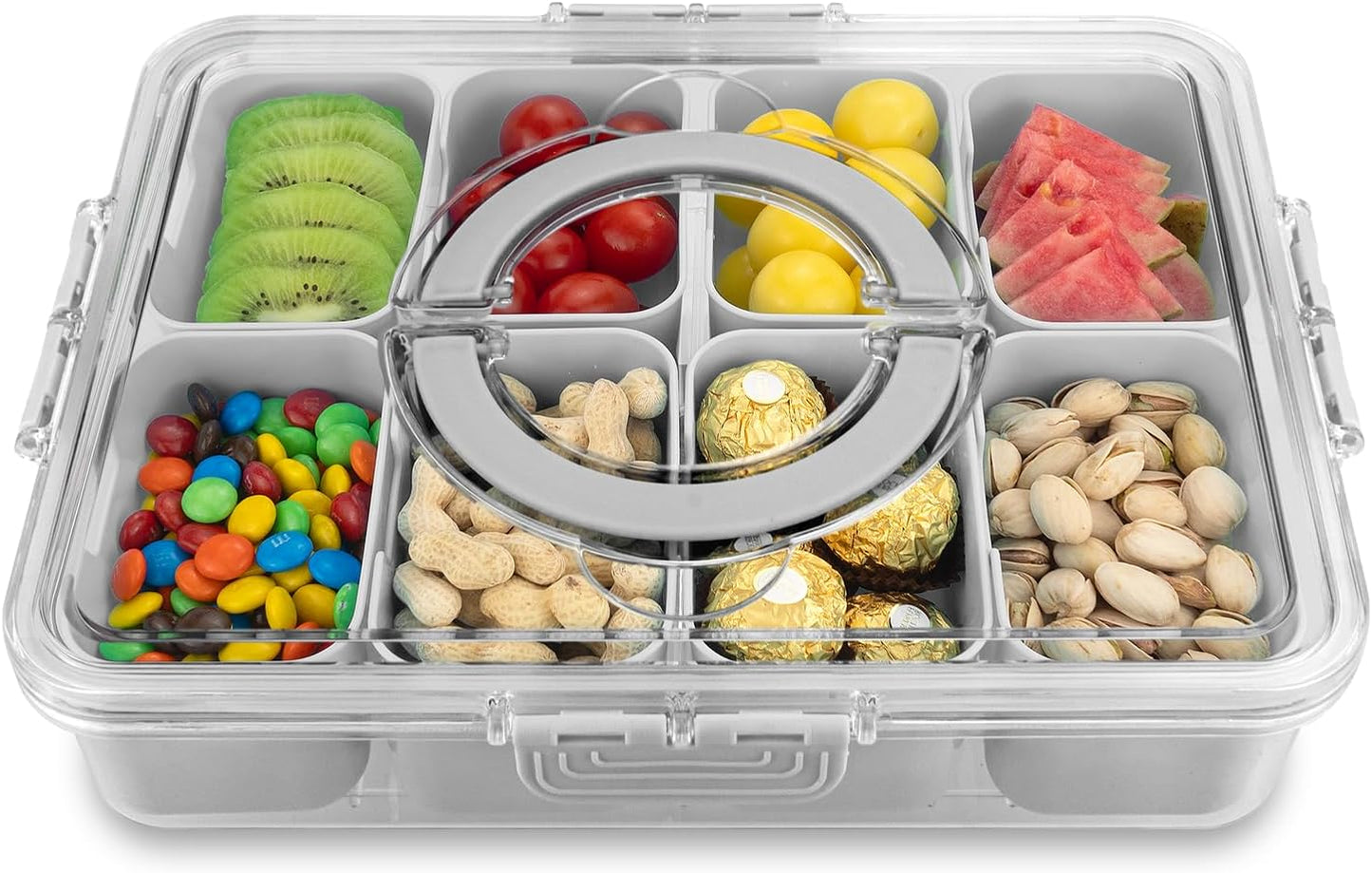 Divided Serving Tray with Lid and Handle,8 Compartments Snacks Box,Snack Fruit Tray,Veggie Tray,Portable Platter for Candy Fruits Nuts Snack Party Entertaining Picnic (2PCS Pink)