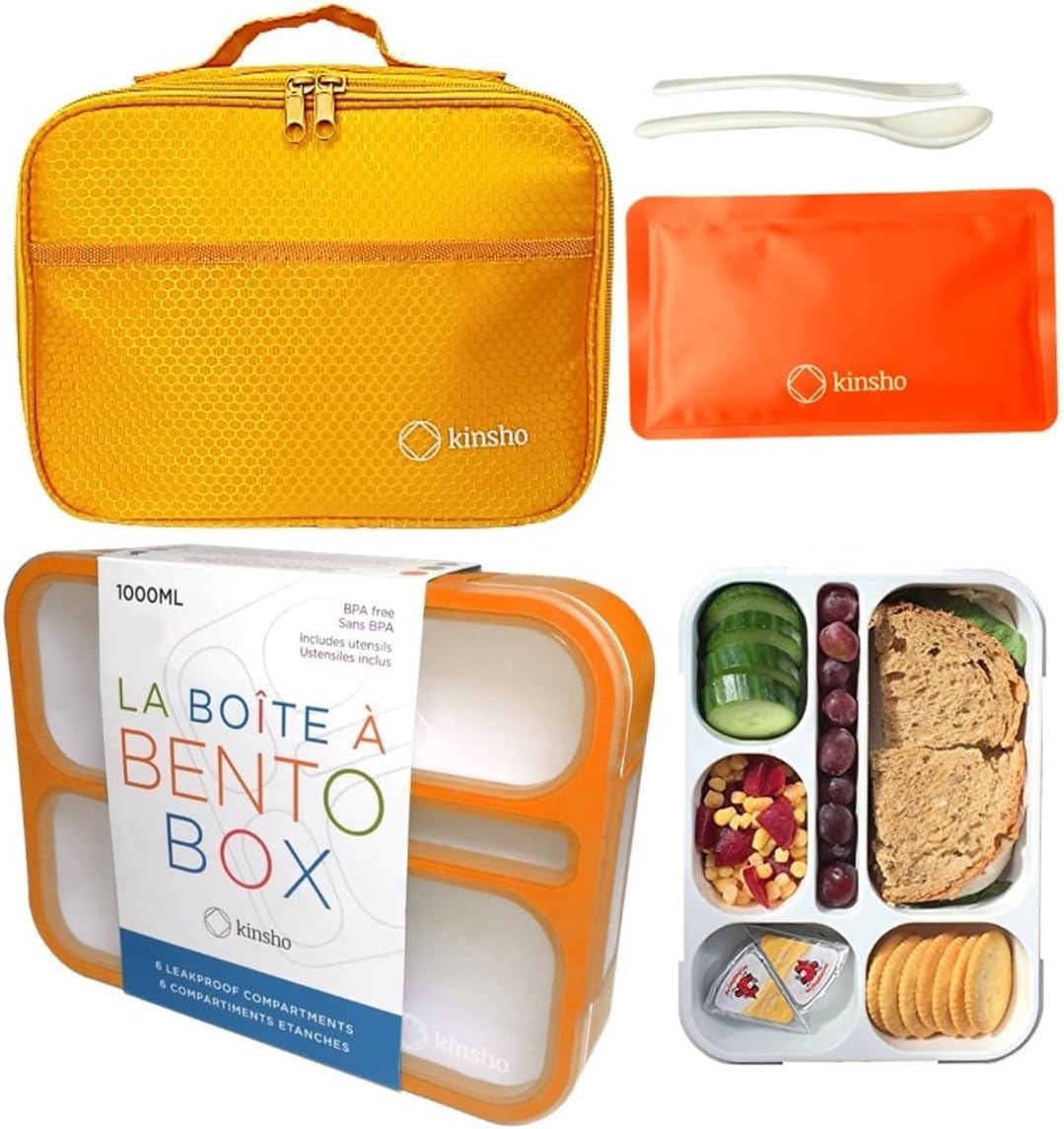 kinsho Lunch Box for Kids Boys Girls - Bento Box Set with Insulated Bag and Ice Pack, 6 Compartment Leak Proof Food Container, BPA-Free, Microwave Safe, Ideal for School & Work, Teal