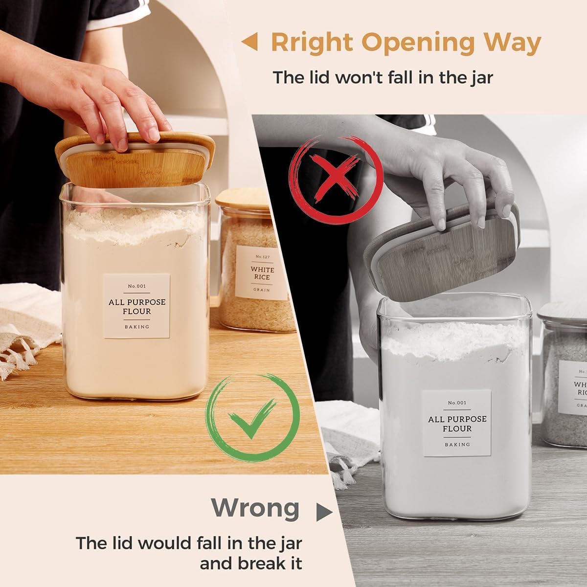 2 Pack large Square Glass Flour and Sugar Containers with 132 Kitchen Pantry Labels - 149 floz & 71 floz - Glass Jars with Airtight Bamboo Lid - Glass Rice Canisters for Coffee, Pasta, Cookie, Cereal