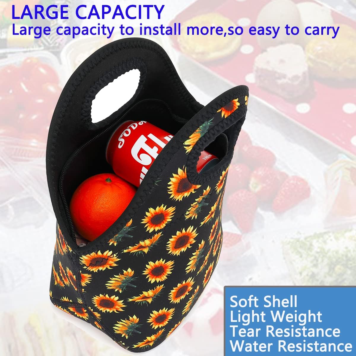 FlowFly Neoprene kids Lunch box Insulated Soft Bag Mini Cooler Thermal Meal Tote Kit for Boys, Girls,Men,Women,School,Work, Office,Black