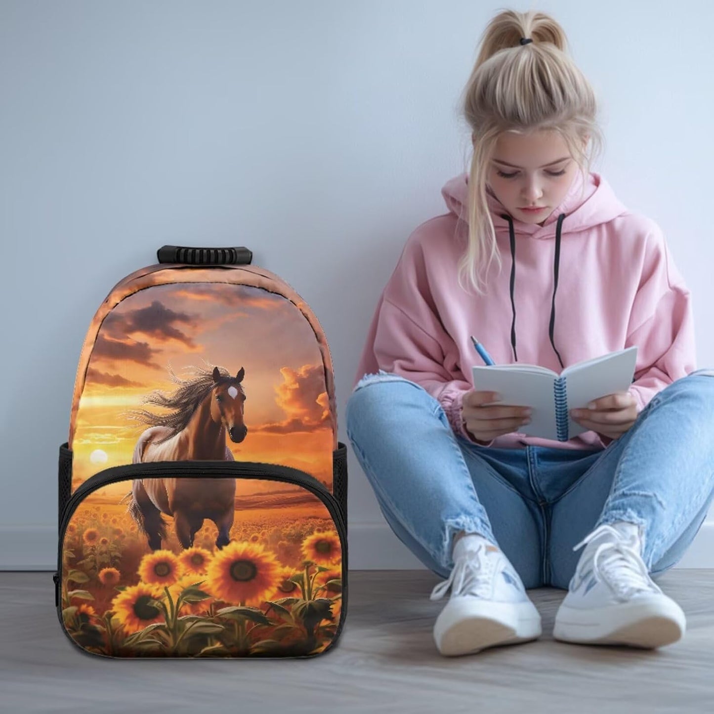 Highland Cow Backpack with Lunch Box Set for Kids Sunflower School Backpack for Girls Boys Back to School Bag Student Travel Backpacks Reusable Utensils Pen Case Water Bottle Bag 5PCS