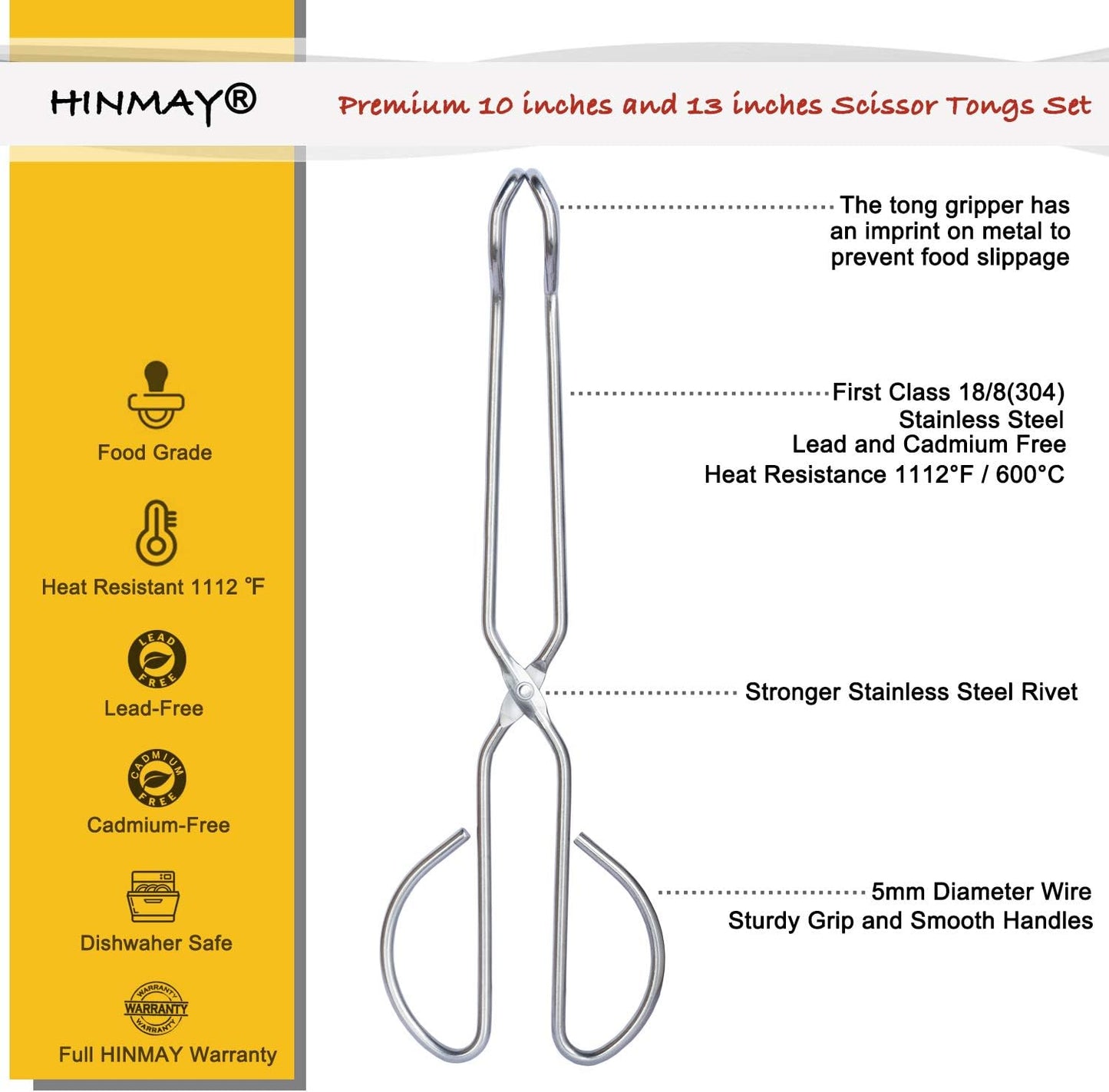 HINMAY Stainless Steel Kitchen Scissor Tongs Set, 2-Piece (10/13 Inch) | Metal Scissor Tongs for Cooking, Grilling, Serving, and Barbecue
