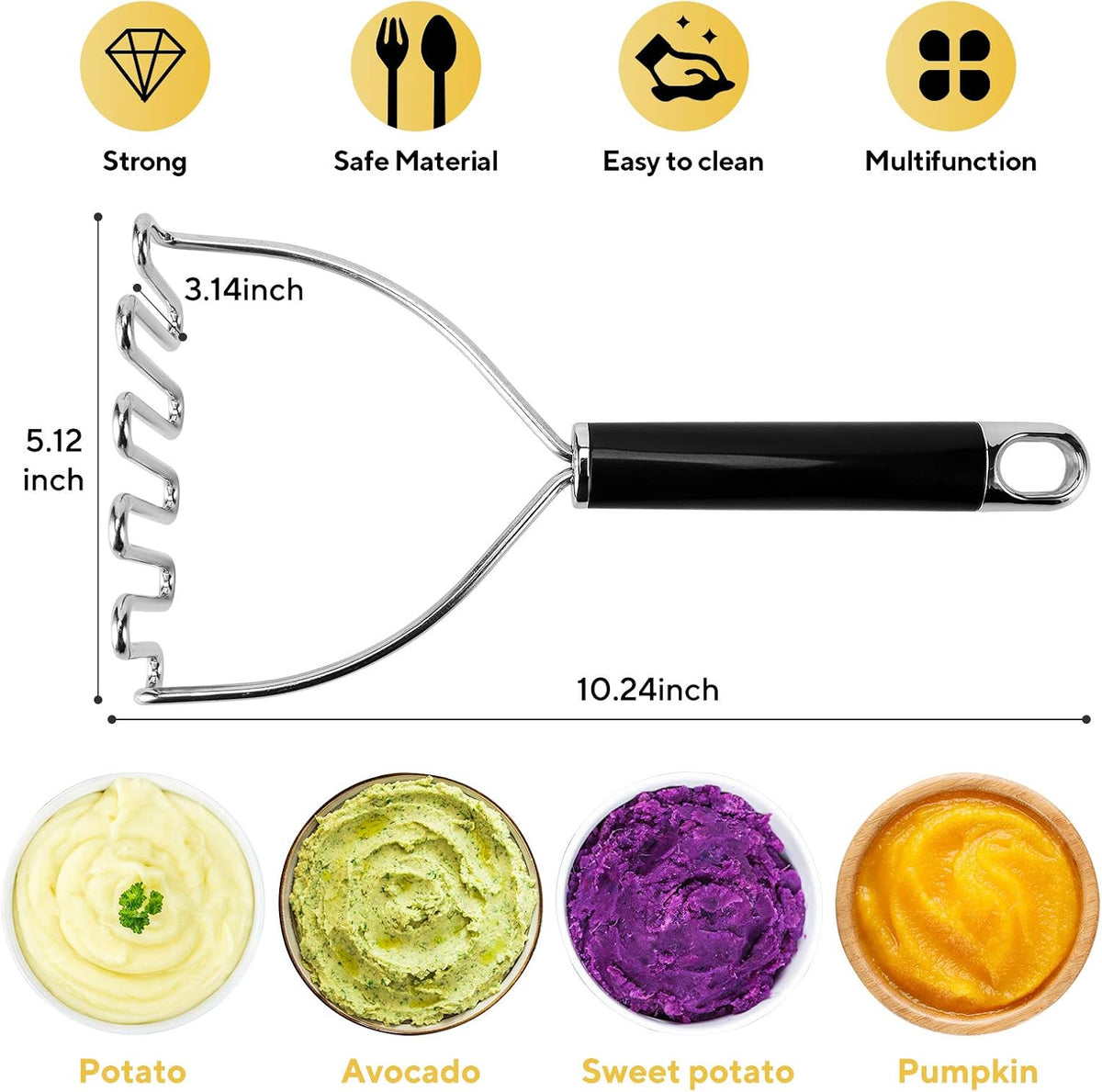 Potato Masher, Large Heavy Duty Stainless Steel Mashed Potato Masher Kitchen Tool, Professional Metal Wire Smasher for Bean, Avocado, Vegetable-10.24 inch （Silver）