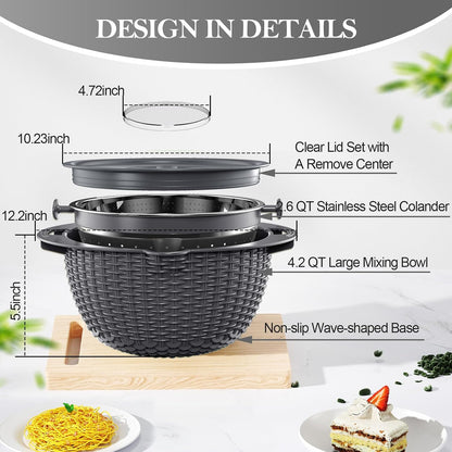 4-in-1 Colander with Bowl Set — Patented 360° Rotatable Strainer Bowl with 3 Graters, Snap-On Lid & Non-Slip Base, Funny Kitchen Present for Women, Aesthetic Pasta Fruit Vegetable Strainer (Beige)