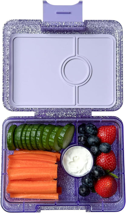 Yumbox Snack Box, 3 Compartments, Leakproof, Glitter Blue | Built-In Dip Well | Removable Compartment Tray | Easy-Open Single Latch | Lightweight & Compact | Perfect for Snacks & Sides