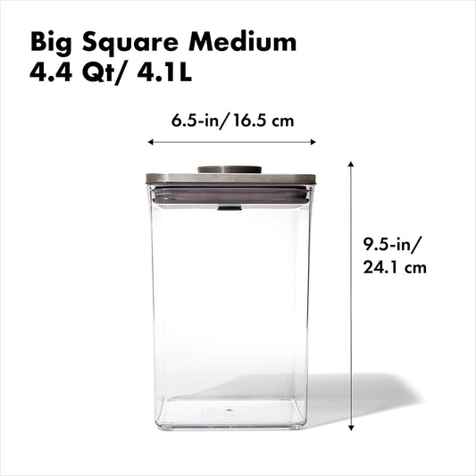 OXO Steel POP Container Big Medium Square - 4.4 Qt for Flour, Sugar and More,Grey
