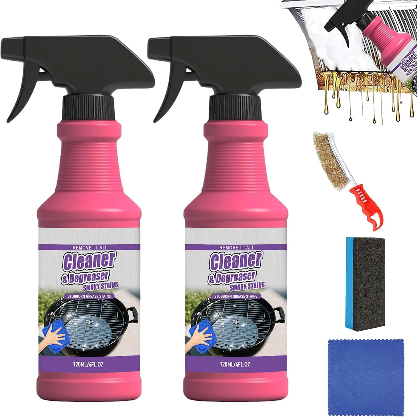 Fast-Acting Heavy-Duty Grill Degreaser Spray, BBQ Grill Cleaner Spray for Smoky Stains, Removes Grease & Carbon, 120ML for Outdoor Grills, Kitchen Grates and Racks, Electric Smokers (3Pc)