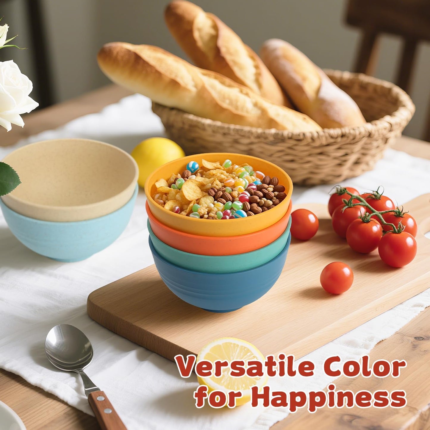 Wrova Wheat Straw Bowls for Kitchen set of 6,Anti-Scald Thick Soup Bowls 40oz,Microwave and Dishwasher Safe Bowl Sets, Unbreakable Cereal Bowl Sets. Vibrant Series