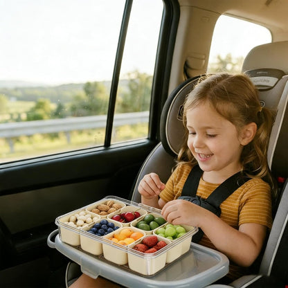 Snackle Box Container Portable - Large 8-Compartment Divided Serving Tray with Lid and Handle, Grab and Go Snack Containers Reusable for Travel and Outdoor Camping, Leak-Proof, BPA-Free