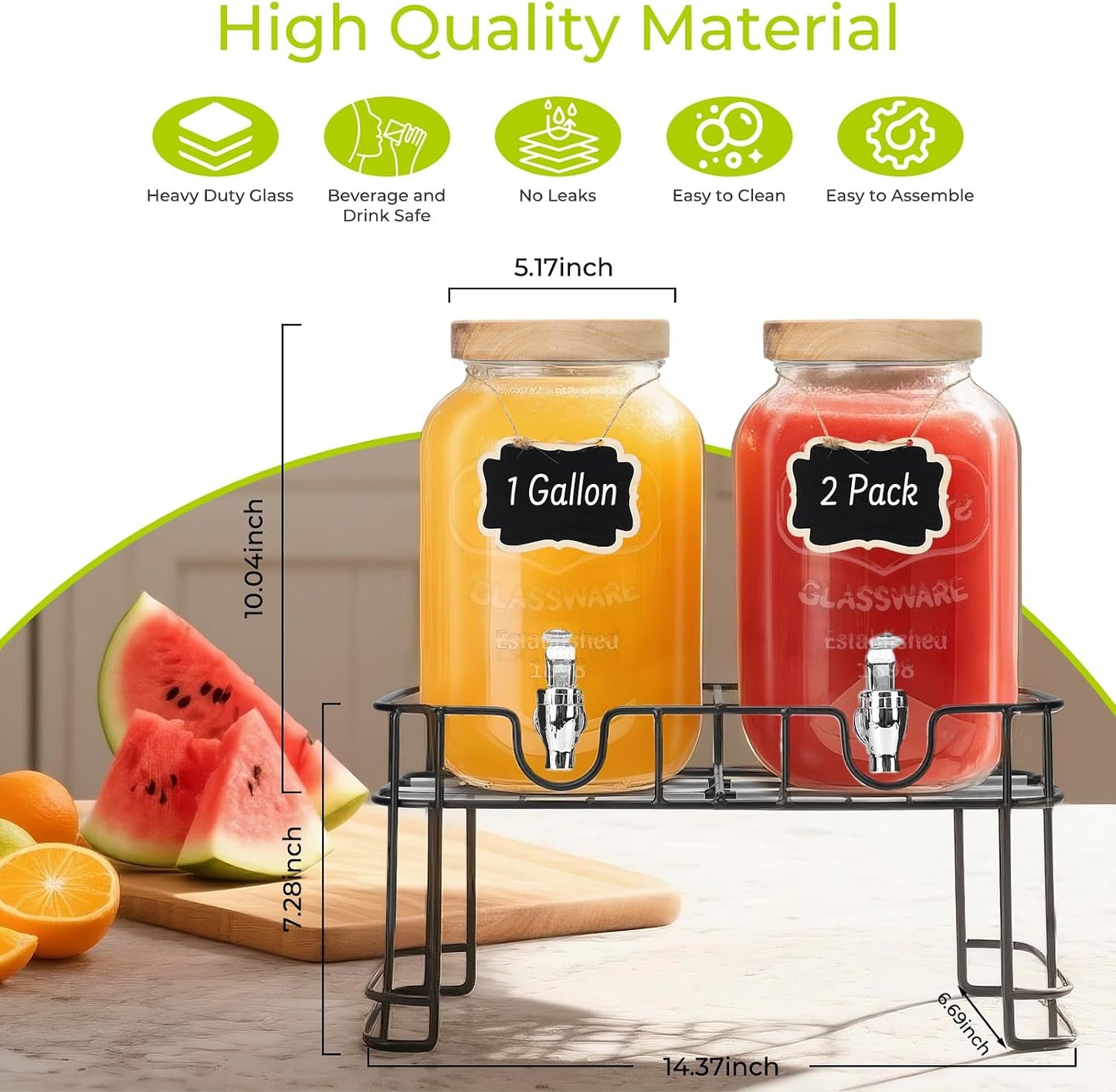 DHSBTLS 2 Gallon Glass Drink Dispensers, 1 Pack Clear Beverage Dispenser for Party, BBQ and Picnic, Juice Dispenser with Ice Core, Black Stand, Spigot, Markers and Chalkboard