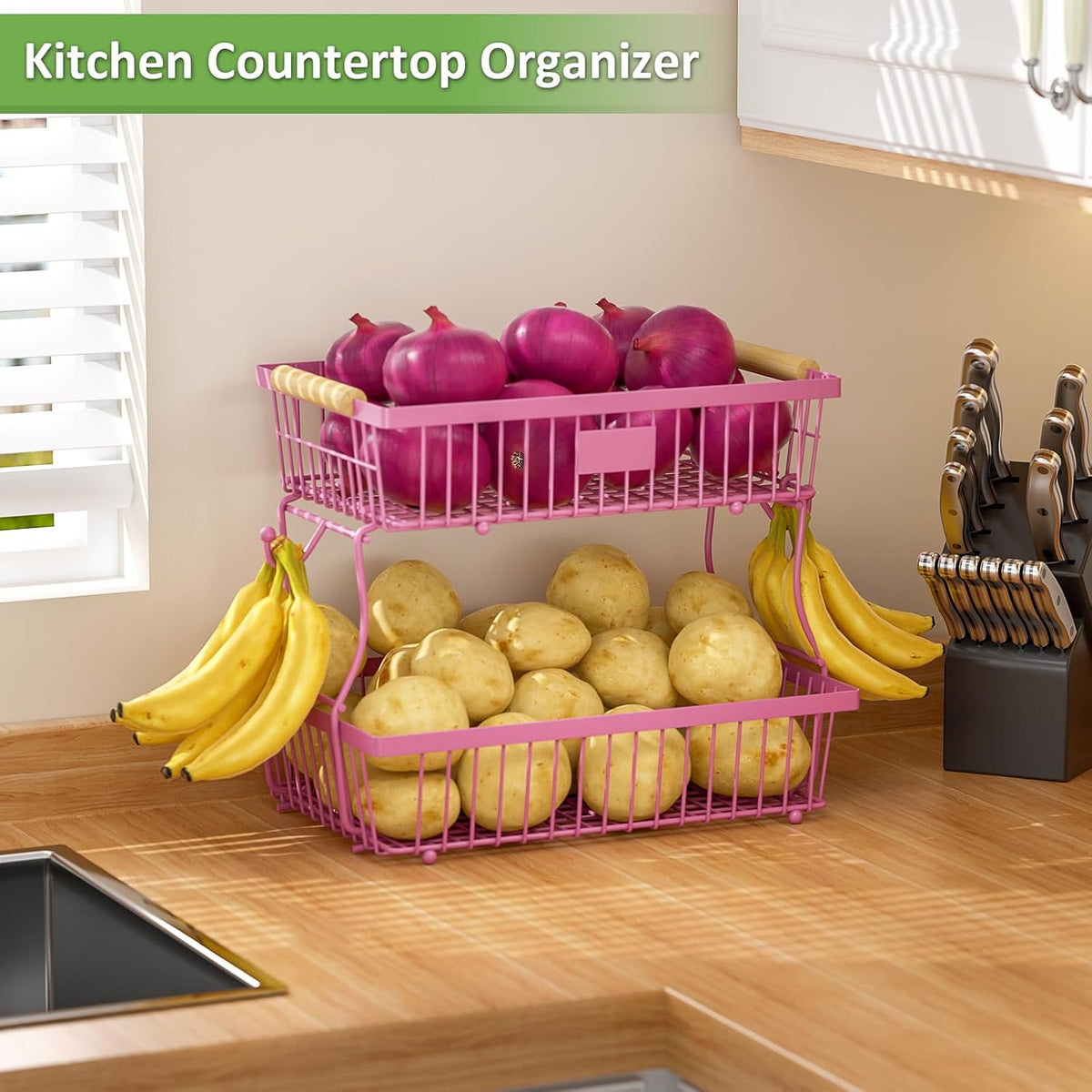 2 Tier Fruit Basket for Kitchen Counter with 2 Banana Hangers, Countertop Metal Bread Basket with Wooden Handle, Large Storage Stand for Vegetables, Snacks, Eggs, Produce Storage – Black