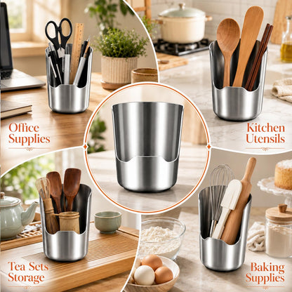 Multi-Functional Stainless Steel Kitchen Utensil Holder, 2‑In‑1 Spoon Rest for Kitchen Counter, Space‑Saving Vertical Organizer for Spatula Ladle Pot Lid Cutting Board, Stainless Steel Utensil Holder