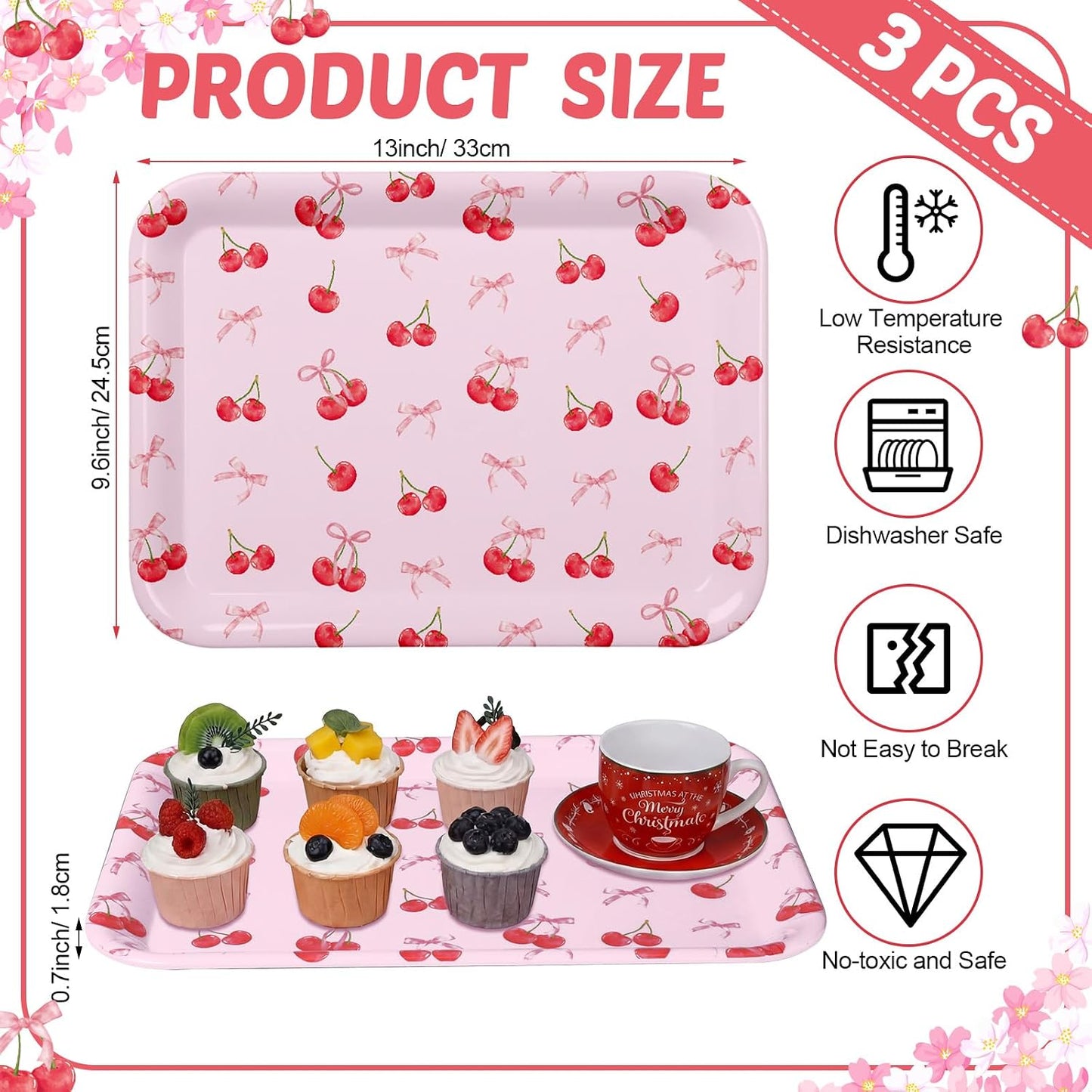 Vesici 3 Pcs Cherry Bow Serving Trays 13 x 10 Inch Pink Bow Cherry Melamine Platters Reusable Rectangular Serving Dishes for Coquette Wedding Baby Shower Birthday Party Sharing Snack Fruit Dessert