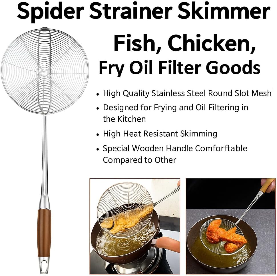 Spider Strainer Skimmer Spoon with Wooden Handle – Stainless Steel Deep Fry Strainer for Tempura, Frying, Hot Pot & Pasta – Heat Resistant Kitchen Skimmer Spoon