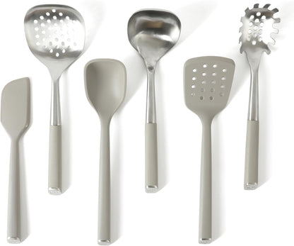 Calphalon Edge 6-Piece Stainless Steel Kitchen Tool & Gadget Set, Kitchen Utensil Set with Silicone Accent, Can opener, Straight peeler, Grater, Tongs, Balloon whisk and Scoop (Taupe)