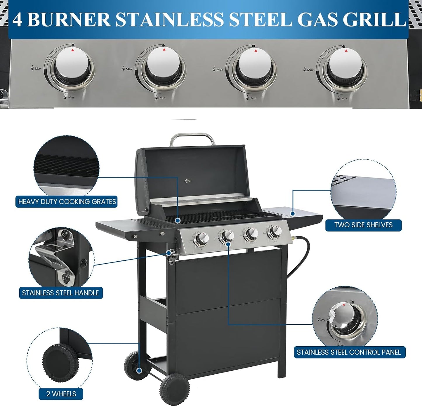 3-Burner Propane Gas Grill, 30,000 BTU Stainless Steel Outdoor BBQ Grill with Lid, Side Shelves & Wheels for Patio, Garden and Backyard Cooking