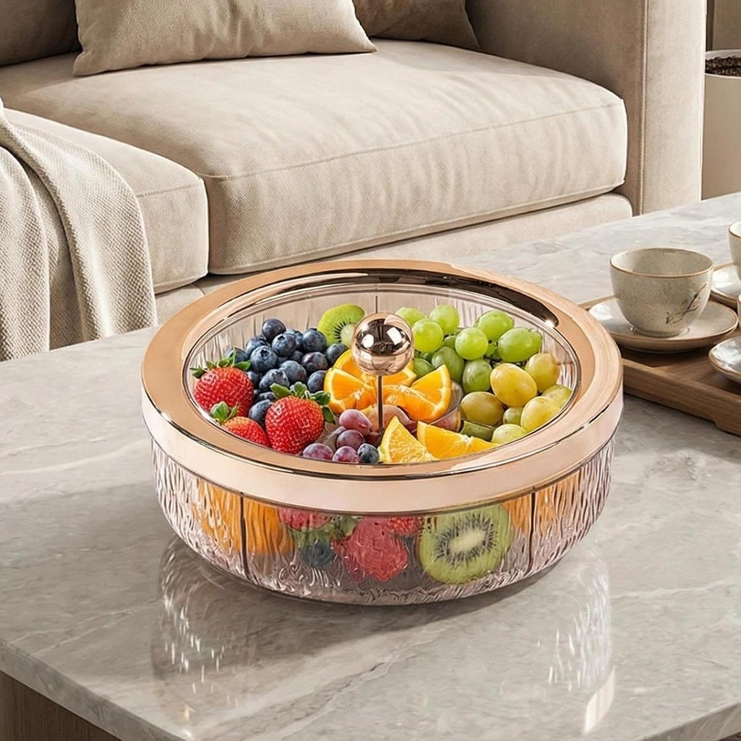 Amagogo Divided Serving Tray with Transparent Lid Snack Tray Rotatable Base Appetizer Platter with 6 Compartments Dessert Dish Suitable for Gift Giving Home D, Golden Bow