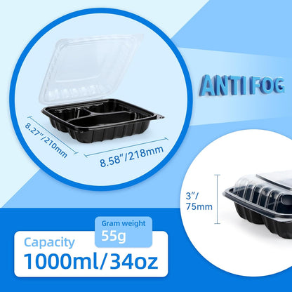 YANGRUI Plastic Containers 8" 34 oz 25 Pack - Reusable Anti Fog Crystal Lid | BPA Free PP Freezer & Microwave Safe Shrink Wrap To Go Box | Black Restaurant Hotel Grade 3 Compartment Takeout Container
