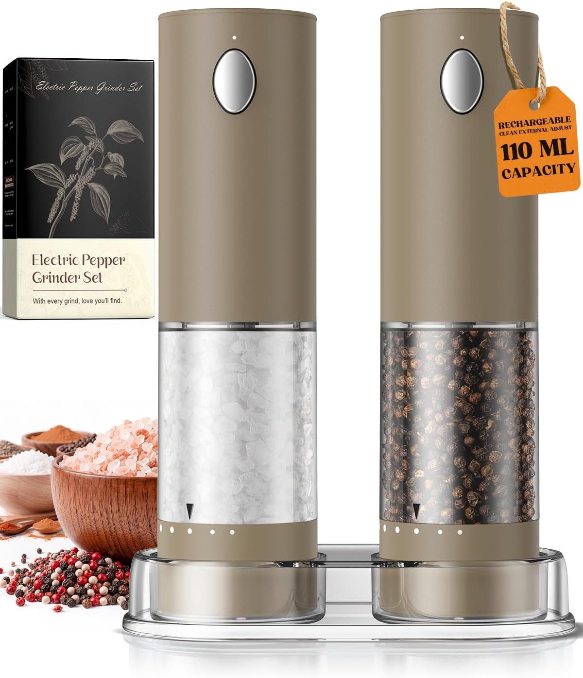 Electric Salt and Pepper Grinder Set, Battery Automatic Salt and Pepper Shaker with Adjustable Coarseness, Large Capacity Pepper Mill with LED White Elephant Gifts(Battery-Stainless Steel)