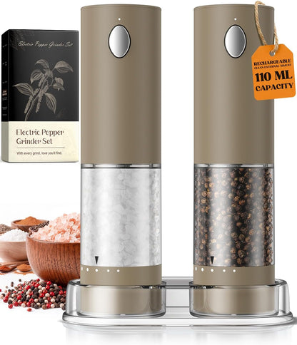 Electric Salt and Pepper Grinder Set, Battery Automatic Salt and Pepper Shaker with Adjustable Coarseness, Large Capacity Pepper Mill with LED White Elephant Gifts(Battery-Stainless Steel)