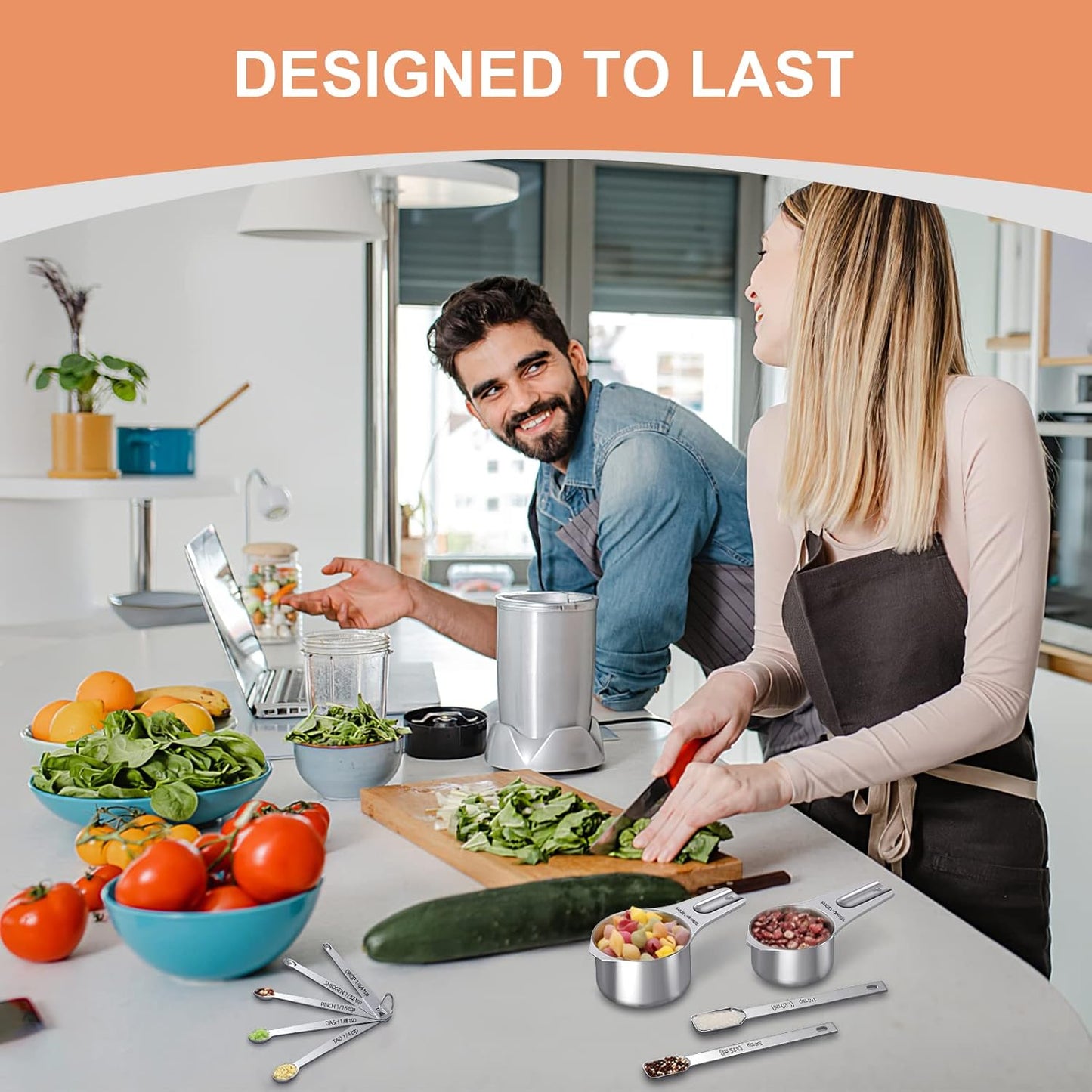 EWFEN Measuring Cups and Spoons Set, 7 Stainless Steel Nesting Measuring Cups & 7 Spoons, 5 Mini Measuring Spoons & 2 Detachable Rings, Kitchen Gadgets for Cooking & Baking, Round