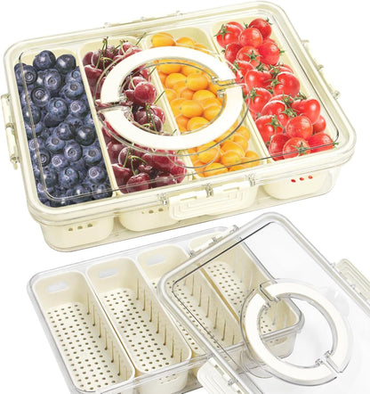 Divided Serving Tray with Lid, Snackle Box Container with Compartments, Snack Container with Handle, Veggie Tray, Fridge Fruit Storage - Keeping Fresh, Great for Party Entertaining Picnic