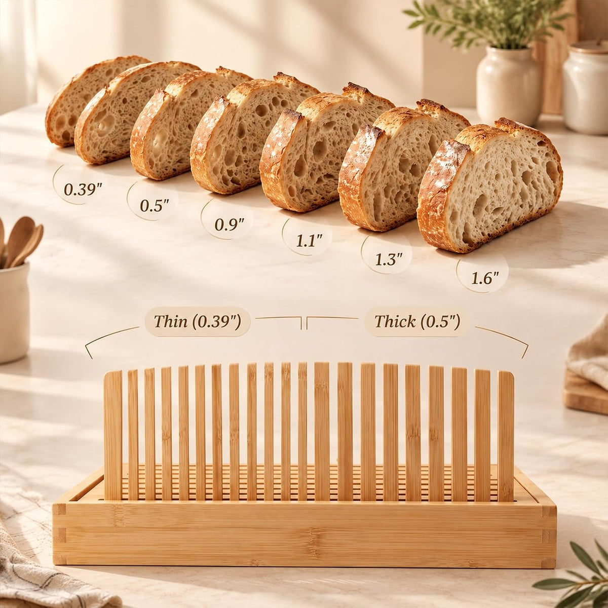 Bamboo Bread Slicer for Homemade Breads, Adjustable Cutting Guide