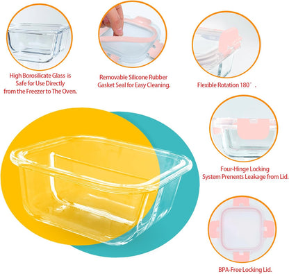 Bariatric Meal Prep Containers, 8 oz Bariatric Portion Control Food Storage Containers with Two 4 oz Compartments (3 Pack), Reusable Glass Snack Containers with BPA Free Airtight Lids