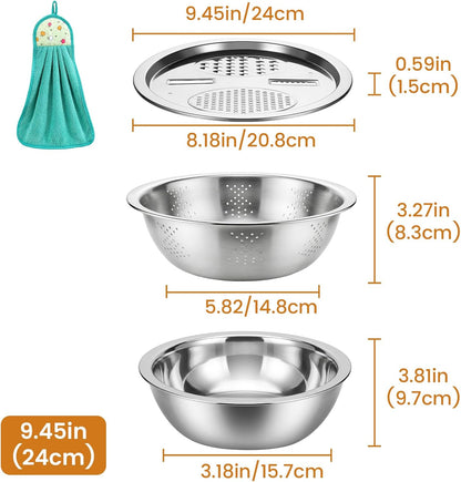 Stainless Steel Mixing Bowls Set, Multifunctional Kitchen Basin with Strainer & Colander, Fruit Lettuce Spinner for Washing, Draining & Food Prep (9.45in（24cm）)