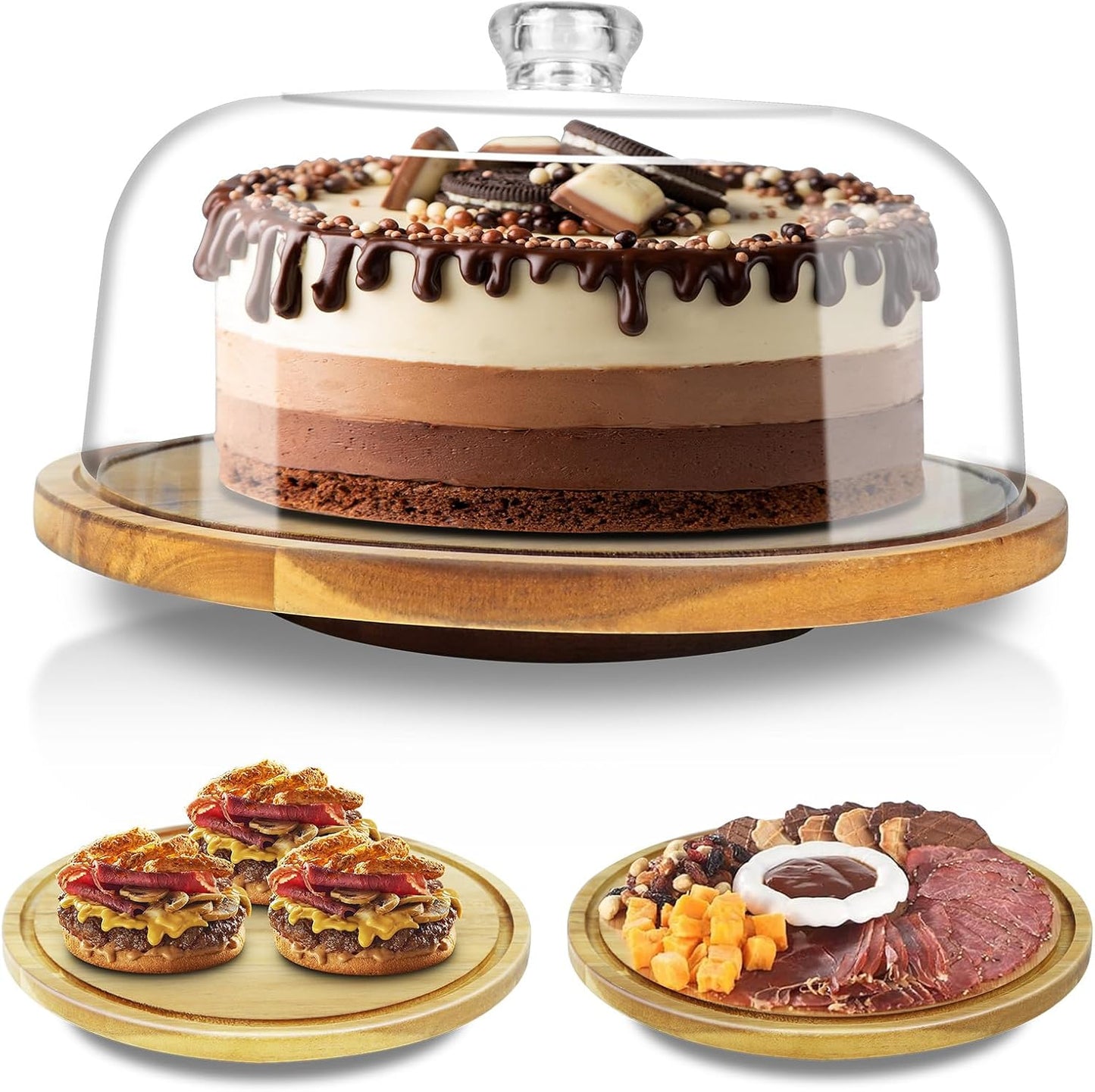 cutesun Cake Stand with Lid, 10.8'' Shatterproof Acrylic Dome (Not Glass), 11.8'' Rotating Acacia Wood Cake Display Stand for Wedding Birthday Party Dessert