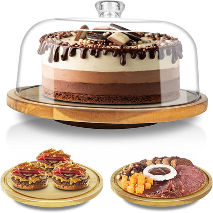 cutesun Cake Stand with Lid, 10.8'' Shatterproof Acrylic Dome (Not Glass), 11.8'' Rotating Acacia Wood Cake Display Stand for Wedding Birthday Party Dessert