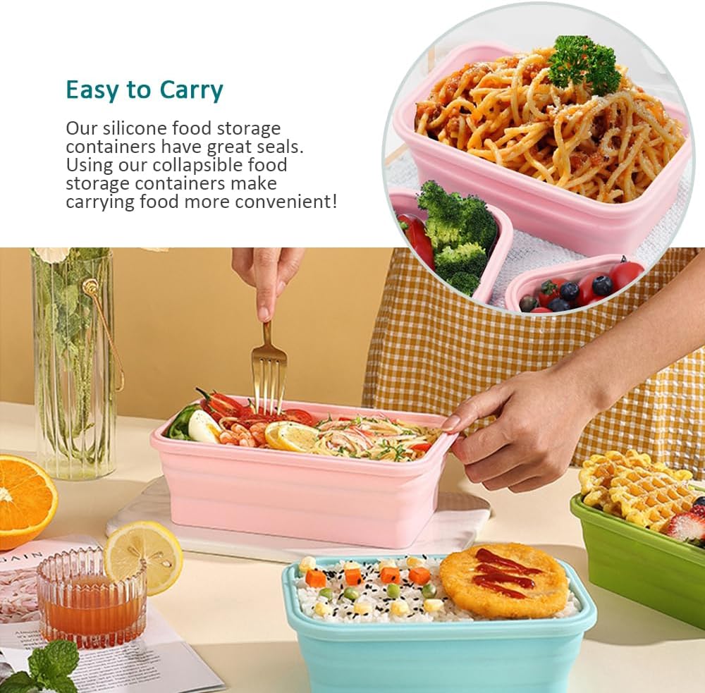 Alimat PluS 40.5oz Silicone Collapsible Food Storage Containers with Lids, 3 Pack Set 1200ml Folding Large Meal Prep Lunch Containers, Microwave, Freezer and Dishwasher Safe