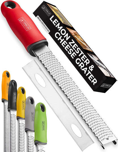 Orblue Lemon Zester & Cheese Grater - Premium Citrus Zester, Kitchen Grater for Parmesan, Chocolate, Fruits, Vegetables, Ginger, Garlic, Nutmeg - Stainless Steel Blades with Protective Cover, Gray
