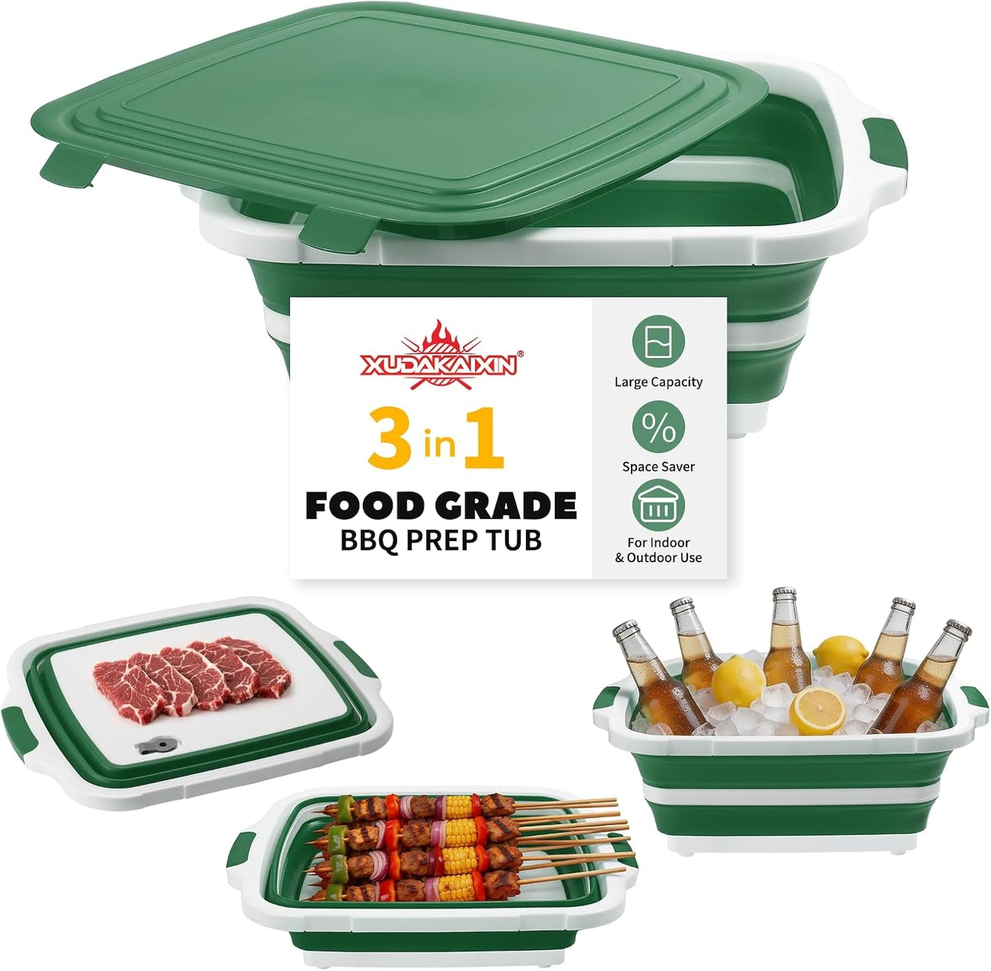 XUDAKAIXIN Collapsible BBQ Prep Tub for Meal Prep, Marinating,Food Storage, picnics, camping, barbecues,cutting fruits and vegetables - Includes Cutting Board and Locking Lid,(X-Large) Black