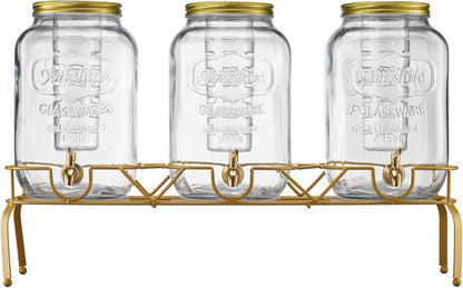 VEVOR Beverage Dispenser, 3 Pack 2 Gallon Drink Dispensers for Parties, Glass Juice Dispenser with Metal Stand, Stainless Steel Spigot, Infuser, Iced Tea Lemonade Juice Water Dispensers for Parties