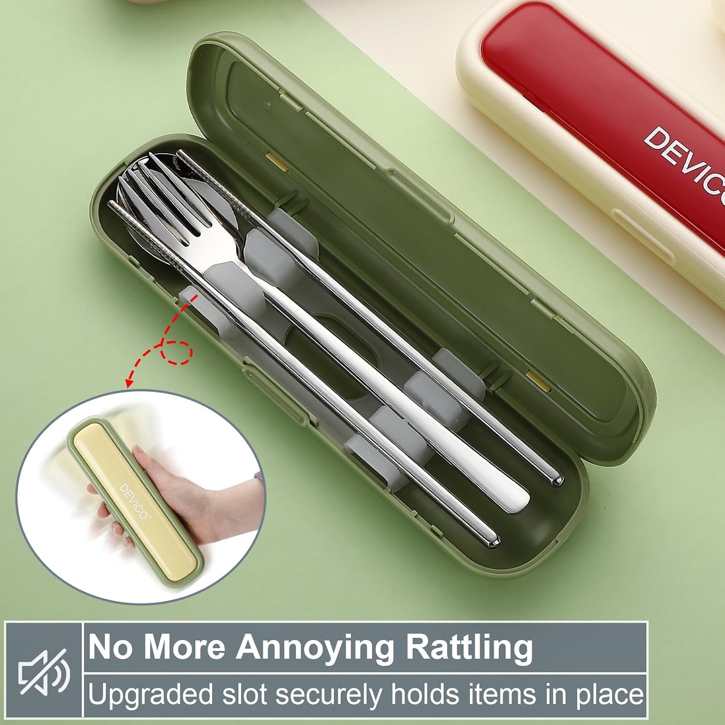 Utensils for Lunch Box, DEVICO Travel Silverware Set with Case, Portable Camping Cutlery, 18/8 Stainless Steel Reusable Korean Spoon Fork Chopsticks for School, Office, Dishwasher Safe (Pink-Purple)