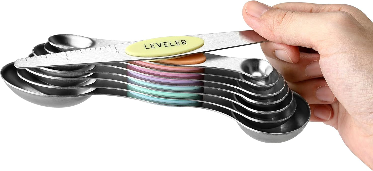 Spring Chef Stainless Steel Magnetic Measuring Spoons Set with Strong N45 Magnets, Heavy Duty Metal Kitchen Gadgets for Baking & Cooking, Fits in Most Kitchen Spice Jars, Set of 8 with Leveler, Black