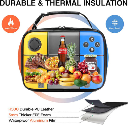 Kids Gamer Lunch Box for Boys, Game Console Insulated Lunch Bag, PU Leather Waterproof Lunchbox with Mesh Pocket, Durable Leakproof Lunch Tote Fits Bento Box for School