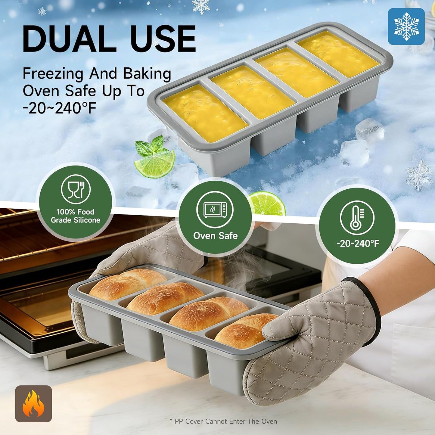 Tvmania 2-Pack Silicone Freezer Tray with Lid - 1 Cup / 4 Compartment Soup Freezer Container for Broth, Sauce & Meal Prep - Large Ice Cube Tray for Whiskey - Stackable, Easy Release, Oven Safe