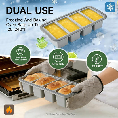 Tvmania 2-Pack Silicone Freezer Tray with Lid - 1 Cup / 4 Compartment Soup Freezer Container for Broth, Sauce & Meal Prep - Large Ice Cube Tray for Whiskey - Stackable, Easy Release, Oven Safe