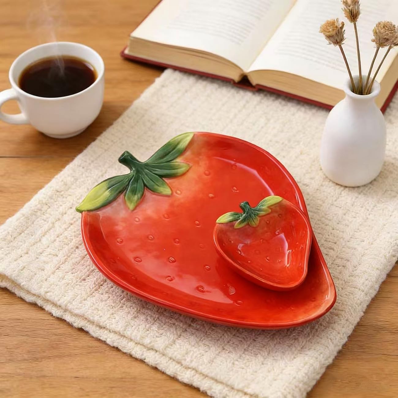 Ceramic Red Strawberry Chip and Dip Serving Trays, Appetizers and Cheeses Serving Platter, Ideal for Snacks, Veggies, Fruit-11inches